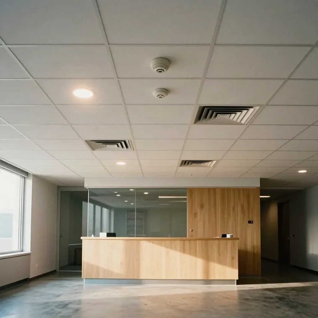 Office ceiling grid with LED troffers, vents, and sensors above a tidy reception area.