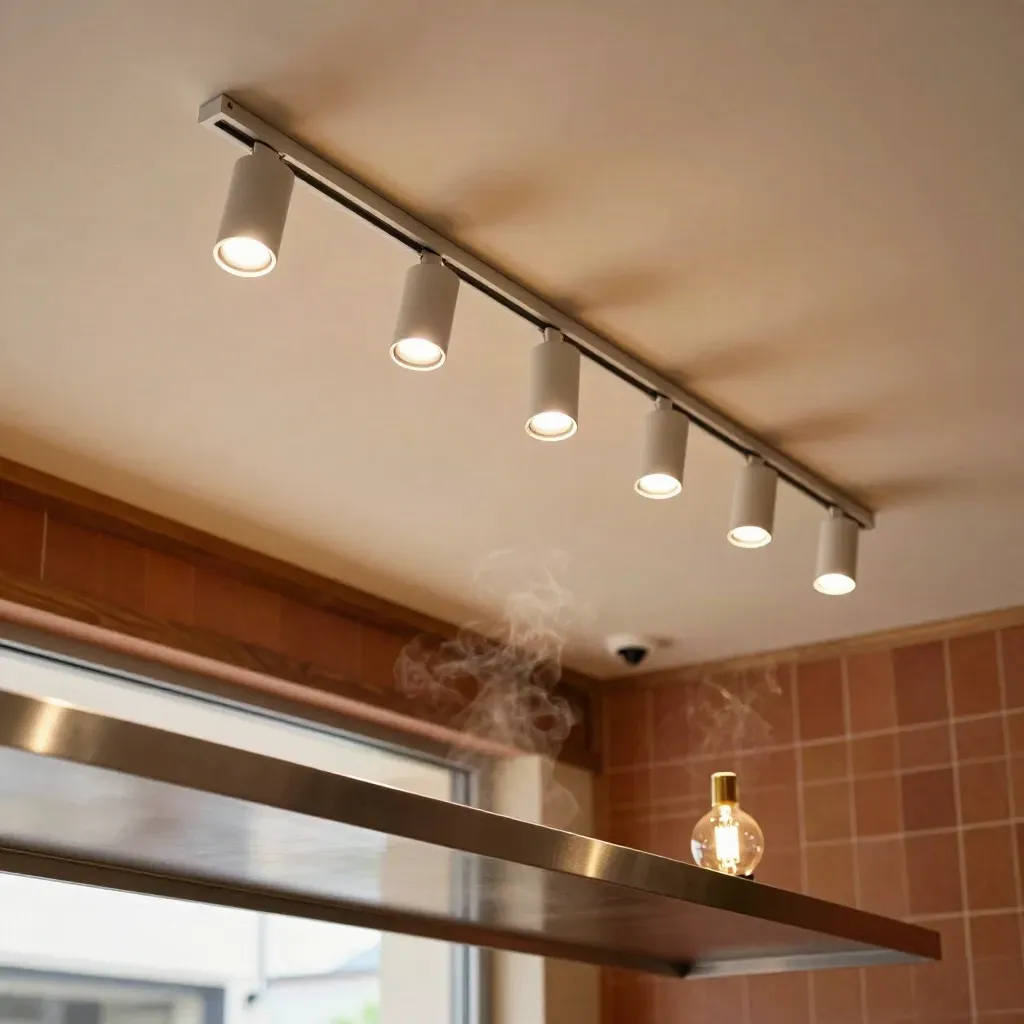 LED café retrofit lights glow above a tray of old bulbs in a cozy interior.