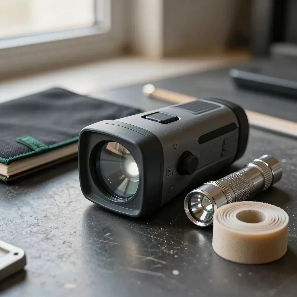 Thermal imager, flashlight, seal roll and notebook sleeve on a dark workshop bench