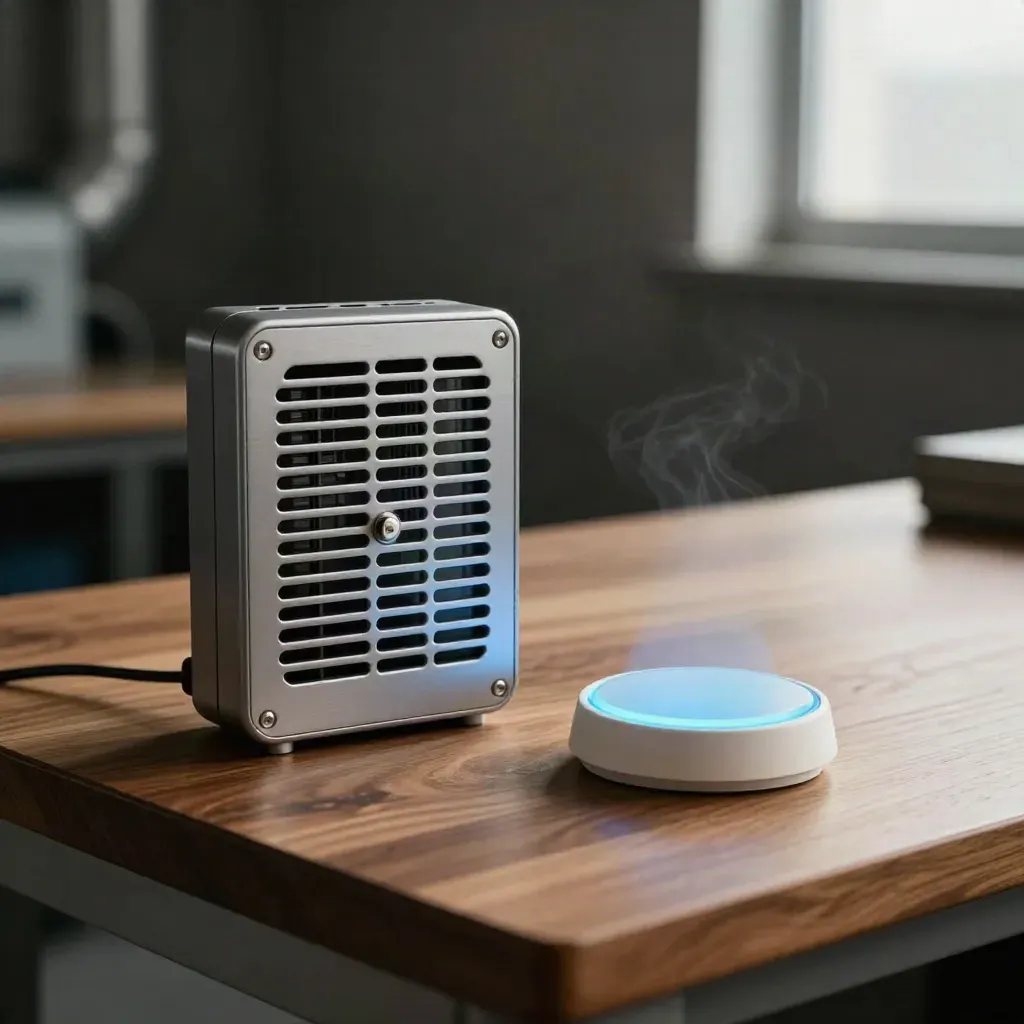 Air quality meter, vent grille sample, and glowing sensor puck on a walnut bench