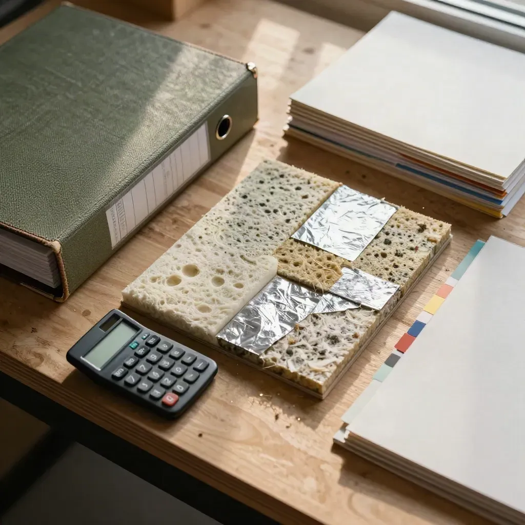 Insulation samples, binders and a calculator on a retrofit planning bench, top-down close-up.