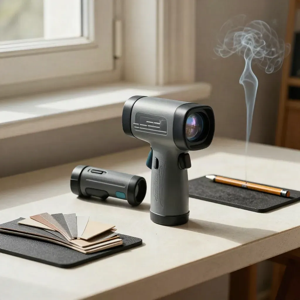Thermal imager, thermometer, weatherstrips, and smoke pencil on a rubber mat with drifting smoke.