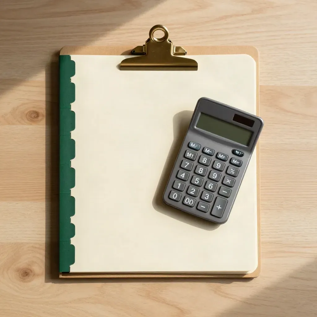 Overhead flatlay of a proposal folder, divider tabs, calculator, and brass clip on pale wood.